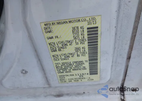 2013 Nissan Nv Cargo Nv1500 Sv V6 из США, поврежденный, VIN 1N6BF0KL9DN111974